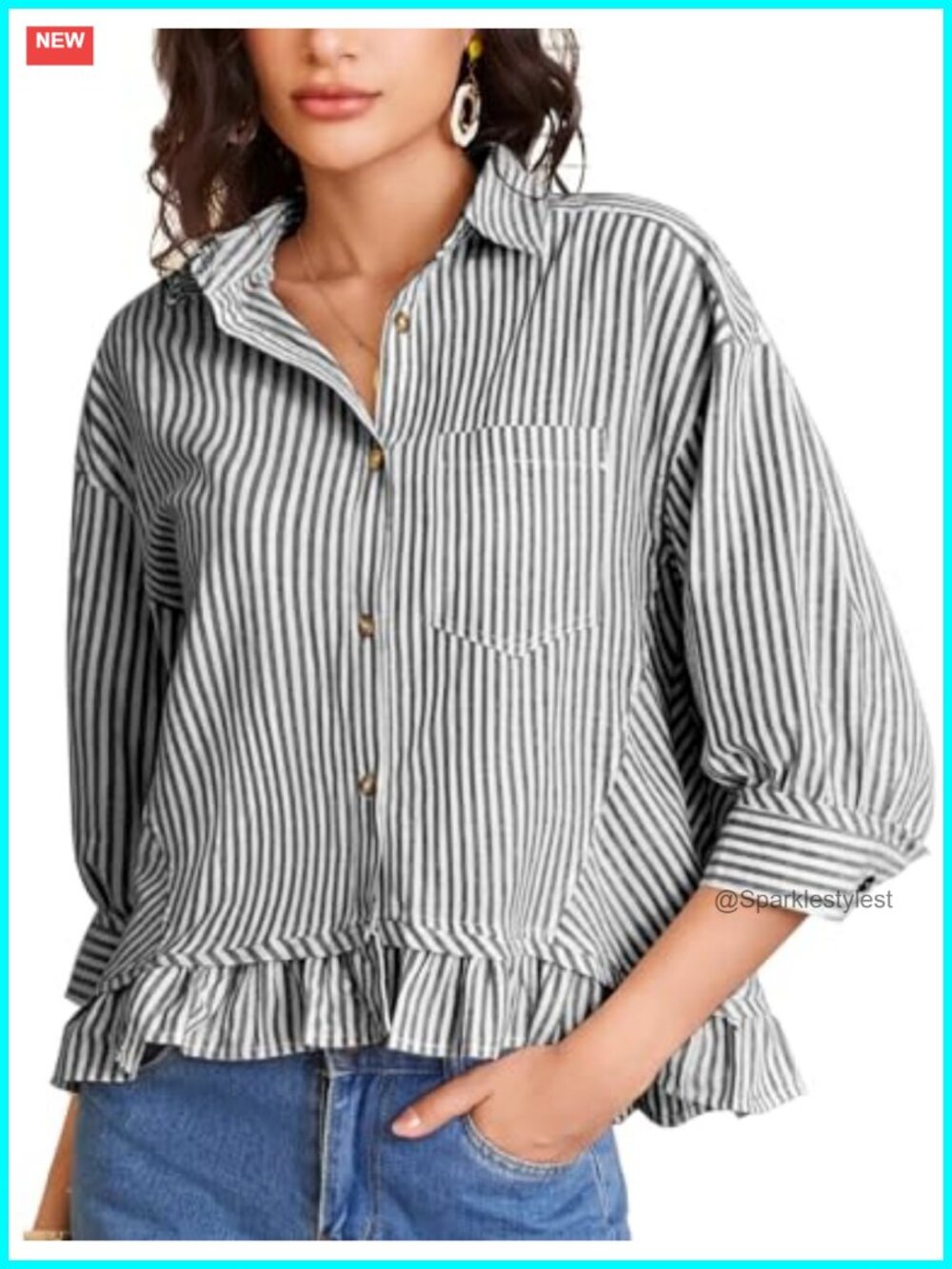 Women's Cotton Striped Button Down Cropped Blouse Ruffle Hem 3/4 Sleeve